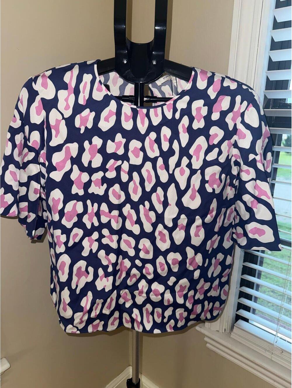 Diane Von Furstenberg Leopard Print Short Sleeve Blouse Top Womens 2 Silk Look